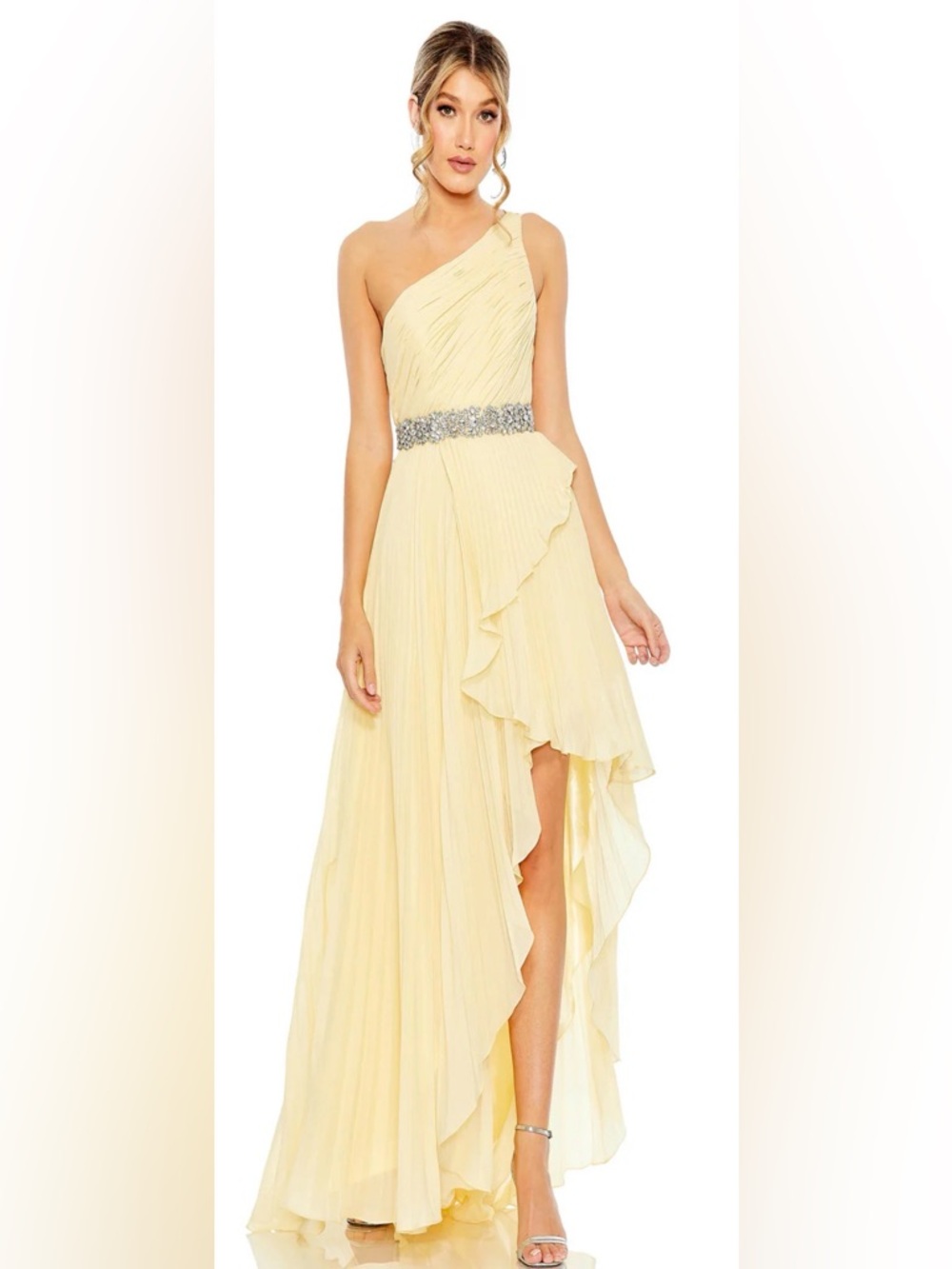 Mac Duggal 49532 Yellow One Shoulder Chiffon Gown NWT SZ 2 Ruffle Formal Dress